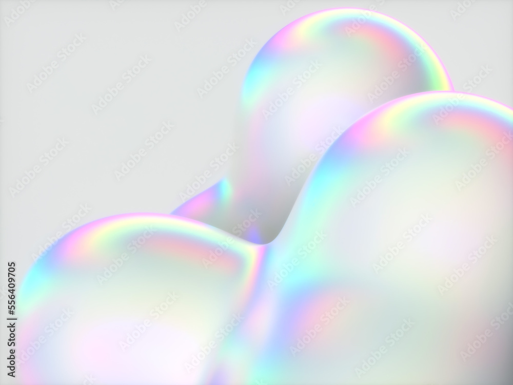 Poster abstract 3d art background. holographic floating liquid blobs, soap bubbles, metaballs.
