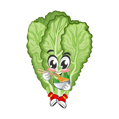 mascot vector illustration of cute mustard green character eating a bowl of noodles with chopsticks