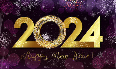 2024 A Happy New Year beautiful greeting card design. Shiny gold number 20 24. Isolated graphic. 3D style. Creative poster. Christmas eve background. Holiday night illustration. Invitating template.