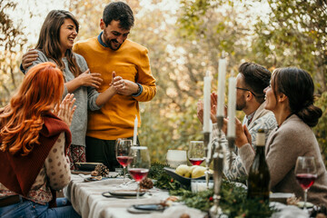The pregnant woman and her husband announce that to their friends during a garden party and lunch. 