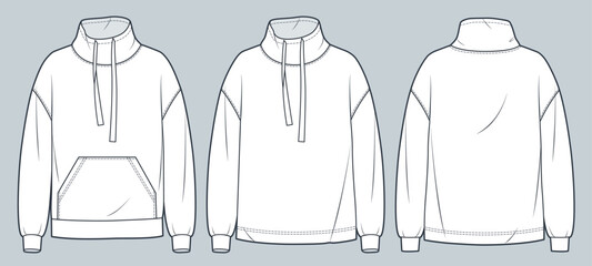 Sweatshirt technical fashion illustration. Roll Neck Sweatshirt fashion flat technical drawing template, pocket, front and back view, white color, women, men, unisex CAD mockup set. © Liubov Hladka