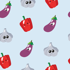 Cute seamless pattern with cartoon vegetables - eggplant, garlic and paprika.