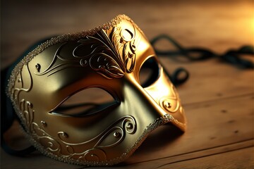 Golden Venetian Mask Lie On Wooden Dark Floor With Light On It Generative AI