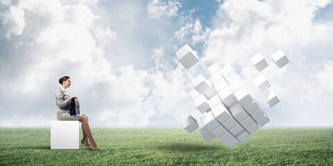 Attractive business lady or accountant outdoors on white box