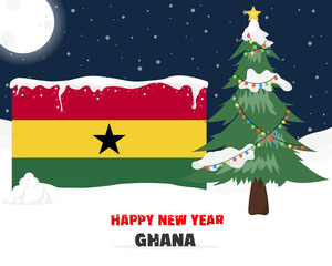 Naklejka na ściany i meble Happy new year in Ghana with Christmas tree and snow, banner or content design idea