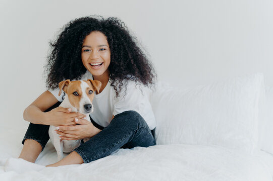 People, pet care and friendship concept. Smiling Afro woman with glad expression cuddles pedigree dog, sit on comfortable bed, copy space area on white background, going to sleep or have rest