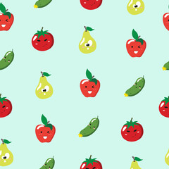 Cute seamless pattern with cartoon vegetables and fruits - apple, pear, cucumber and tomato.