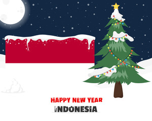 Happy new year in Indonesia with Christmas tree and snow, banner or content design idea