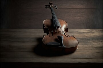 Violin On Wooden Floor Dark Background Light On It Violin Musical Instrument Generative AI