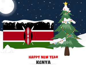 Happy new year in Kenya with Christmas tree and snow, banner or content design idea