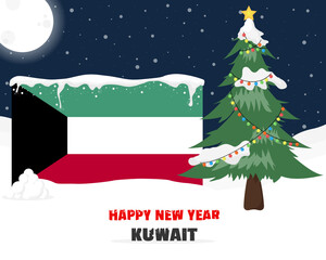 Happy new year in Kuwait with Christmas tree and snow, banner or content design idea
