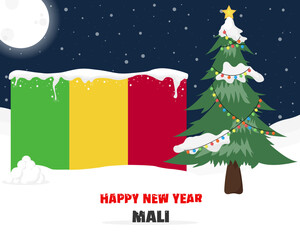 Happy new year in Mali with Christmas tree and snow, banner or content design idea