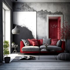 Living room in grey with red accents created with AI