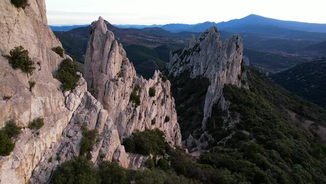 Aerial view of les Dentelles de Montmirail in front of the Mont Ventoux in the french alps