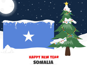 Happy new year in Somalia with Christmas tree and snow, banner or content design idea