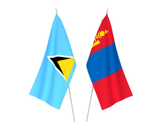 National fabric flags of Mongolia and Saint Lucia isolated on white background. 3d rendering illustration.