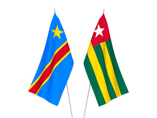 National fabric flags of Democratic Republic of the Congo and Togolese Republic isolated on white background. 3d rendering illustration.