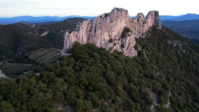 Aerial view of les Dentelles de Montmirail in front of the Mont Ventoux in the french alps
