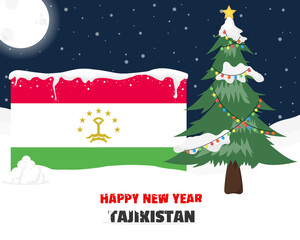 Happy new year in Tajikistan with Christmas tree and snow, banner or content design idea