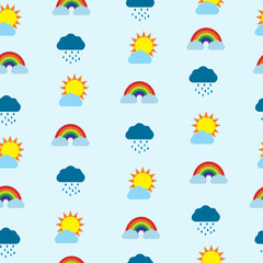 Cute seamless pattern on the light blue background with rainbow, clouds, rain and sun.