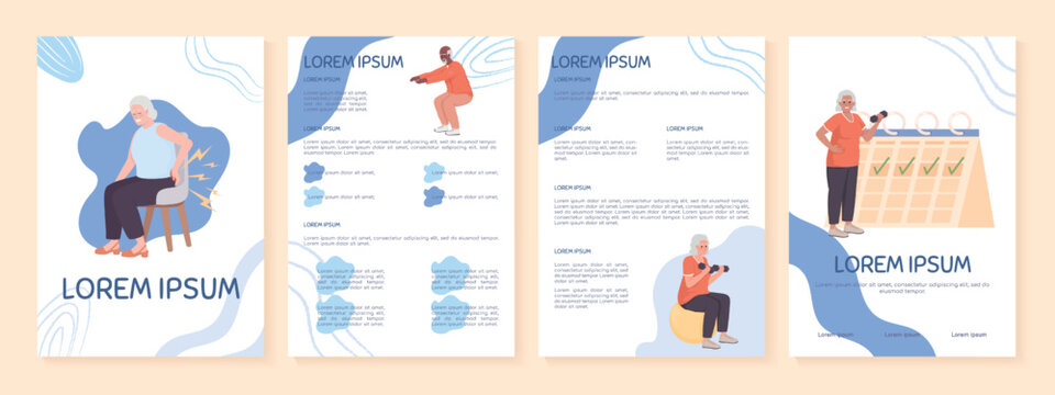 Exercising at old age flat vector brochure template. Healthcare booklet, leaflet printable flat color designs. Editable magazine page, reports kit with text space. Sniglet, Comfortaa fonts used