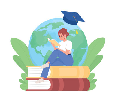 International Education Flat Concept Vector Illustration. Editable 2D Cartoon Characters On White For Web Design. Overseas Female Student Creative Idea For Website, Mobile, Presentation