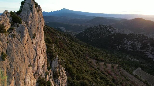 Aerial view of les Dentelles de Montmirail in front of the Mont Ventoux in the french alps