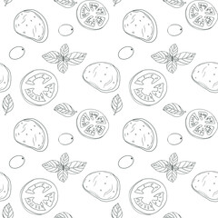 Caprese salad recipe pattern. Mozzarella cheese, tomatoes, olives, capers, basil. Healthy vegetarian italian food concept.