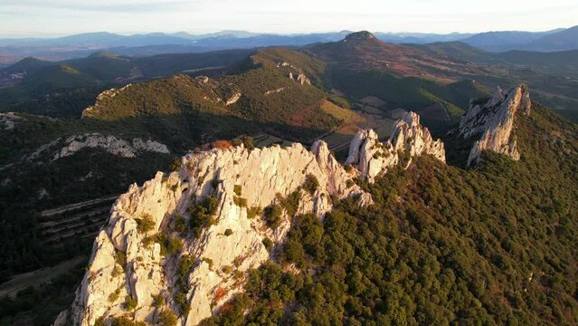 Aerial view of les Dentelles de Montmirail in front of the Mont Ventoux in the french alps