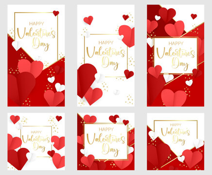 Valentine's day stories banners set. Pink, red background with flying hearts. Promo banners of Valentines day