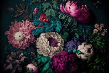 Baroque flowers in rich deep colors, peonies on dark background