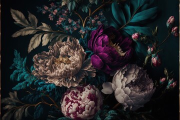 Obraz na płótnie Canvas Baroque flowers in rich deep colors, peonies on dark background