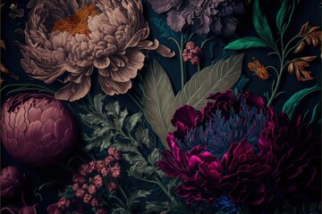 Baroque flowers in rich deep colors, peonies on dark background