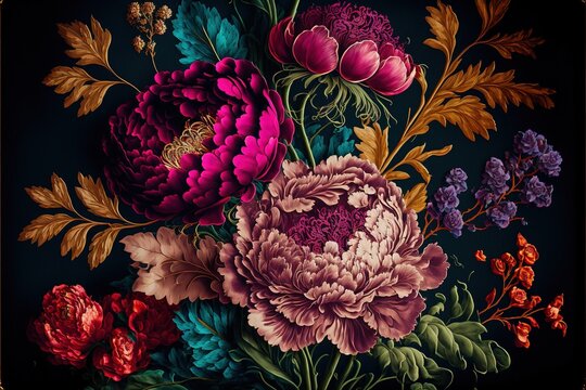 Baroque flowers in rich deep colors, peonies on dark background