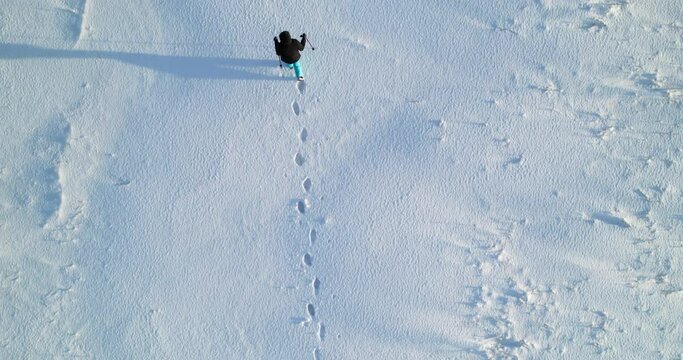 Aerial view of woman walking through clear snow-covered field with trekking poles, leaving deep footprints in snowdrift. Girl on walk in snowshoes carefully walks with Scandinavian sticks at sunset.