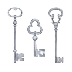 Watercolor collection vintage steel keys illustration. Provence clipart elements.