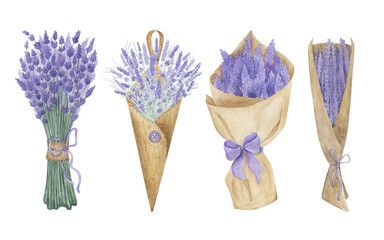 Lavender bouquets watercolor collection. Hand drawn clipart elements. Lavender wedding bouquets illustration.