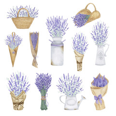 Lavender bouquets watercolor big collection. Hand drawn clipart elements. Flowers for birthday, wedding, holidays.