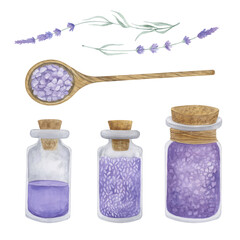Lavender aromatherapy watercolor illustration. Lavender flowers, bath salt, essence clipart elements.