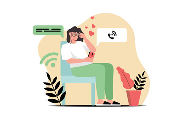 Sit in gadgets concept with people scene in the flat cartoon style. Woman chats with someone on the phone while sitting in the garden. Vector illustration.