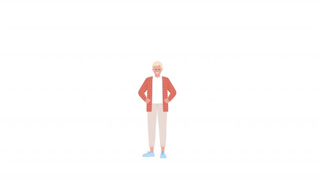 Animated saying hello character. Young man greeting in German. Full body flat person on white background with alpha channel transparency. Colorful cartoon style HD video footage for animation