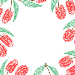 Cherry fruits frame. Vector hand drawn design print. Natural pencil drawing