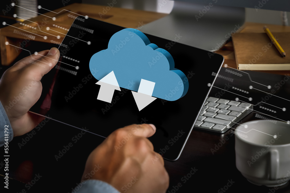 Poster cloud computing businessman connect devices to cloud technology networking cloud computer