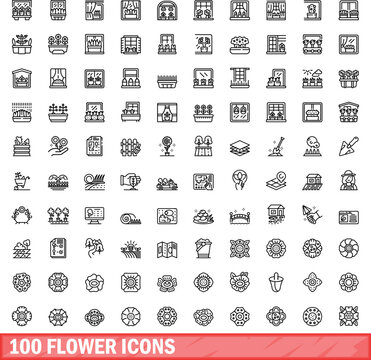100 flower icons set. Outline illustration of 100 flower icons vector set isolated on white background