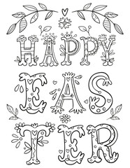 Happy easter hand drawn lettering in retro style for coloring page. Spring decoration. Beautiful floral background.