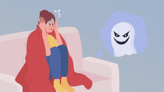 Animated stressed female character. Insomnia caused by scary films. Full body flat person on white background with alpha channel transparency. Colorful cartoon style HD video footage for animation