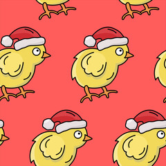 Vector seamless color pattern with a chicken in a Santa's hat. 
