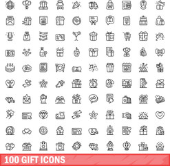 100 gift icons set. Outline illustration of 100 gift icons vector set isolated on white background