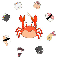 cute crab surrounded by sushi