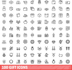 100 gift icons set. Outline illustration of 100 gift icons vector set isolated on white background